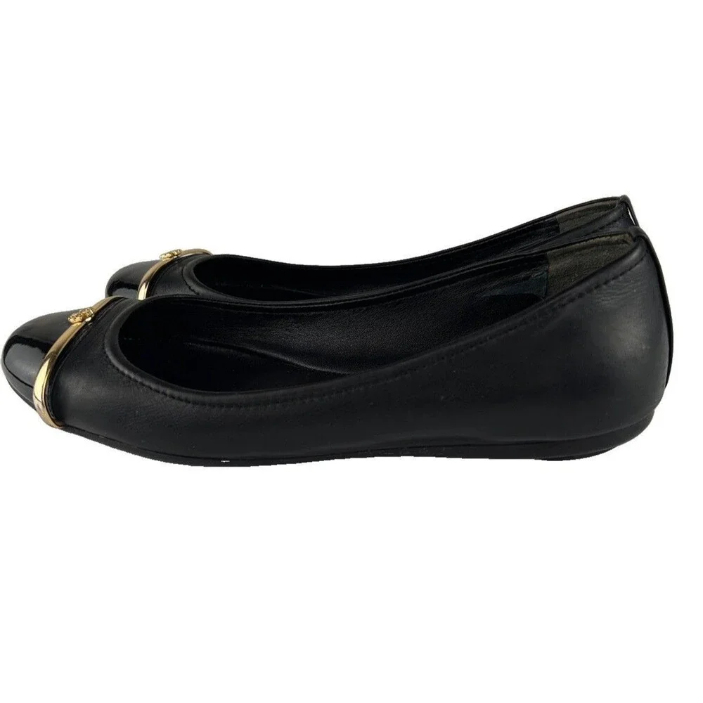 Tory Burch Pacey Black Patent Leather Toe Caps Gold Logo Ballerina Flats Size 10